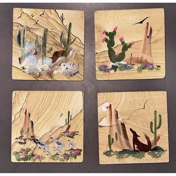 Handmade Other - Sandstone Coaster Set Southwestern Signed Tasso Cactus Coyote Quail